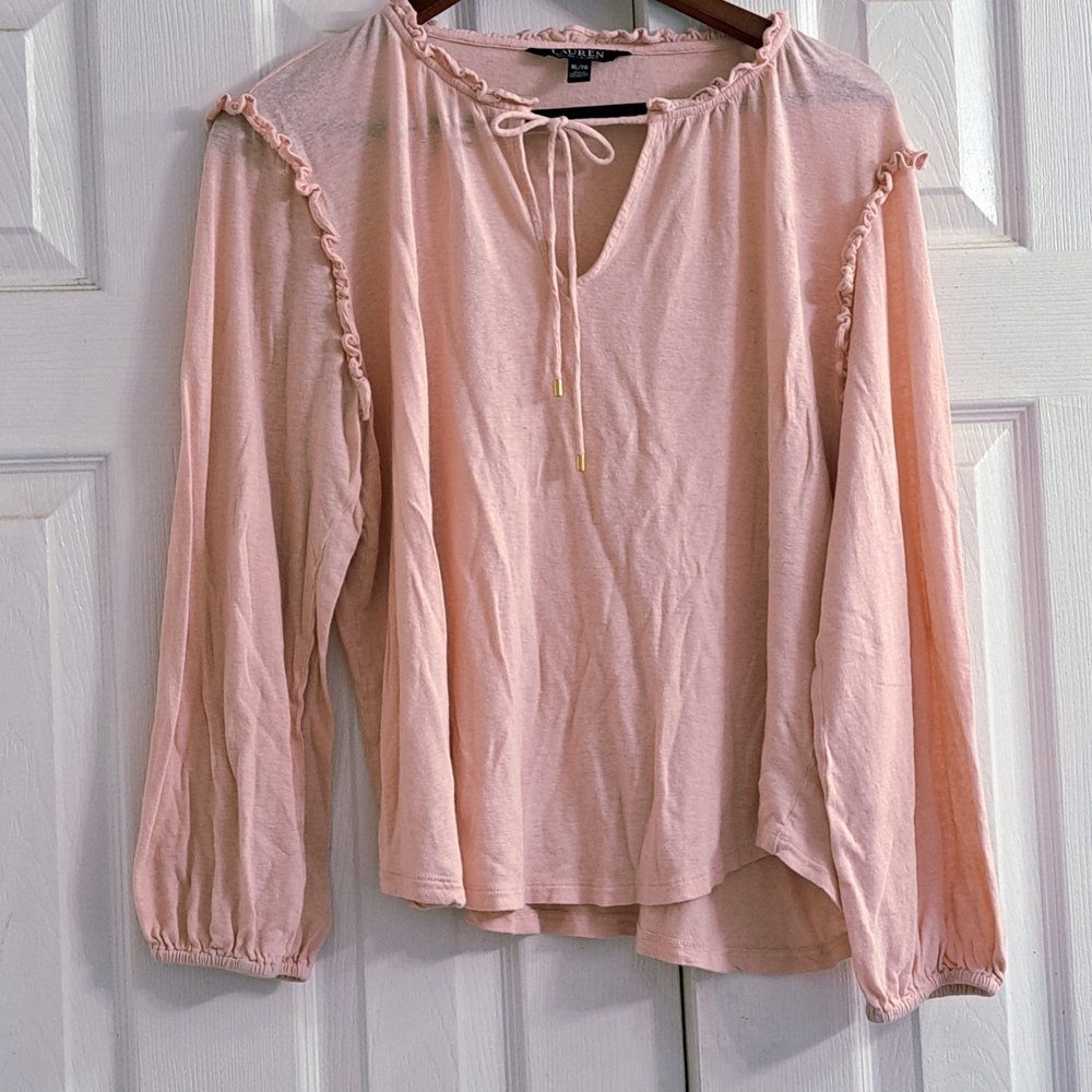 Ralph Lauren Black Label Linen Stretch Knit Soft Pink Ruffle Blouse Gold Tip2Tie